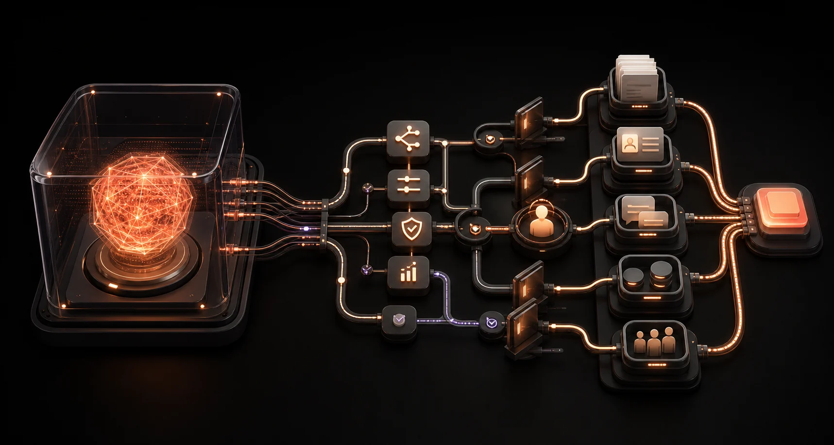 Claude runtime connected through a governed orchestration layer to business systems and human approval